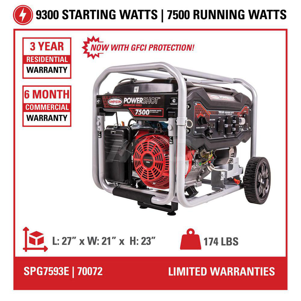 Simpson Portable Power Generator: Gasoline, 7,500W, 8 h, Electric & Recoil - 70072