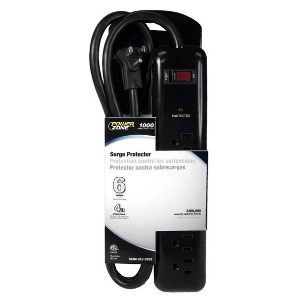 Powerzone Surge Protector Tap Strip, 125 V, 15 A, 6-Outlet, 1000 Joules Energy, Black - OR802225