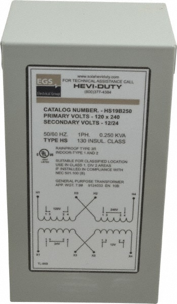 Sola/Hevi-Duty 120/240 Input Volt, 12/24 Output Volt, 60 Hz, Buck Boost Transformer - HS19B250