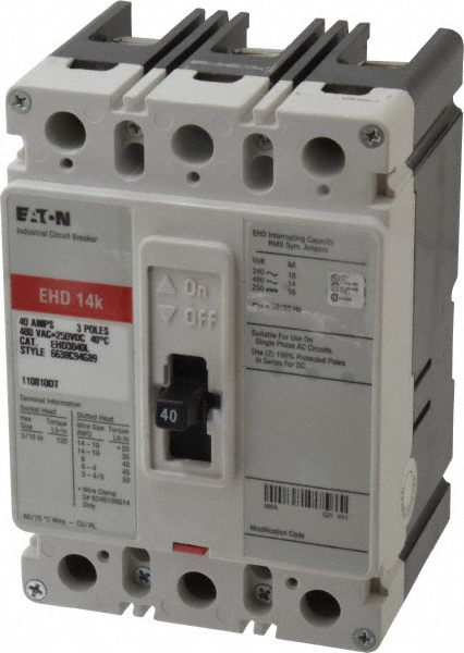 Eaton Cutler-Hammer 15 Amp, 250 VDC, 480 VAC, 3 Pole, Molded Case Circuit Breaker - EHD3015L