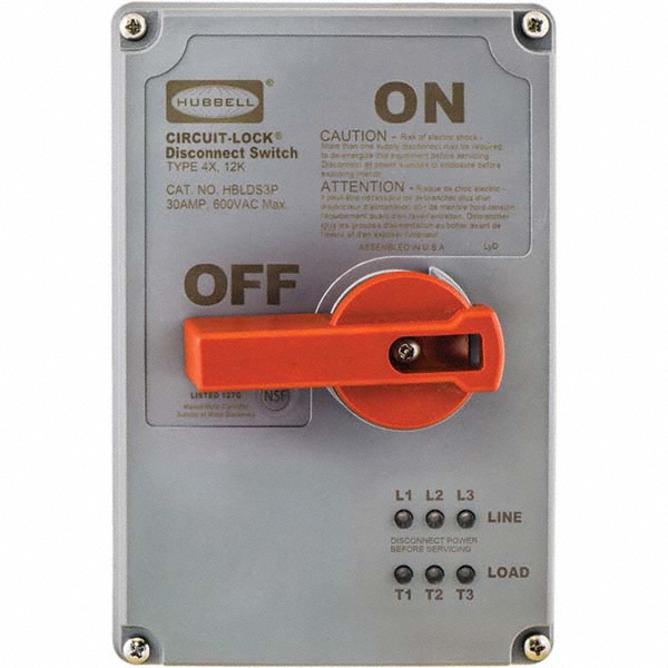 Hubbell Wiring Device-Kellems Cam & Disconnect Switch: Enclosed, 30 Amp, 600VAC, 3 Phase - HBLDS3MQR
