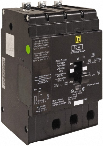 Square D Circuit Breakers; Circuit Breaker Type: Miniature Circuit Breaker; Milliamperage (mA): 30 A; 30; Number of Poles: 3; Tripping Mechanism: Thermal-Magnetic; Terminal Connection Type: Lug; Mounting Type: Bolt-On; Overall Depth: 4.0500 in; 103 mm; Overall Height: 5.6600 in; 144 mm - EDB34030LH