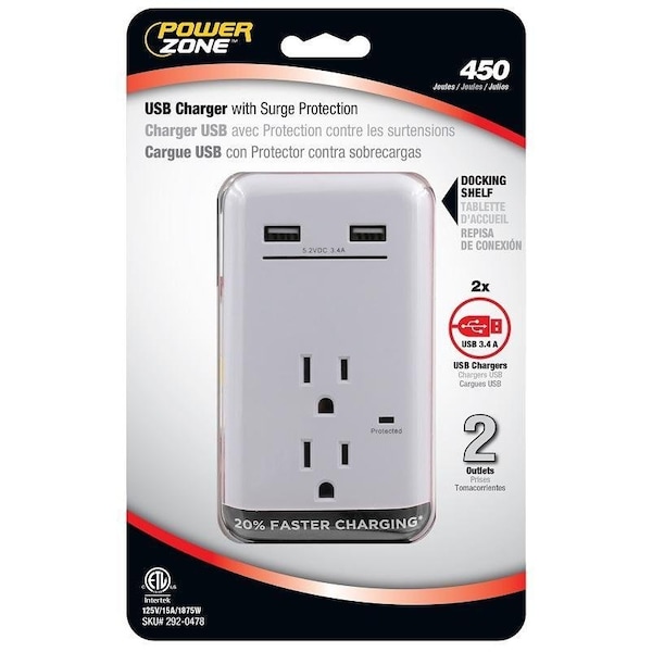 Powerzone USB Charger, 2-Pole, 125 V, 15 A, 2-Outlet, 450 Joules Energy - ORUSB342S