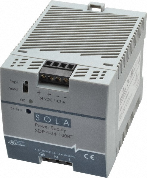 Sola/Hevi-Duty 100 Watt, 4.20 Amp, 132 VAC, 264 VAC, 375 VDC Input, 24 to 28 VDC Output, DIN Rail Power Supply - SDP4-24-100RT