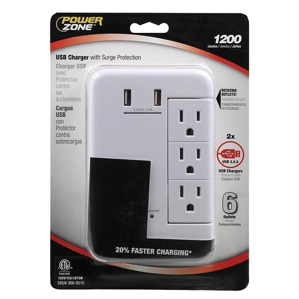 Powerzone USB Charger with Surge Protection, 2-Pole, 125 V, 15 A, 6-Outlet, 1200 Joules Energy, White - ORRUSB346S