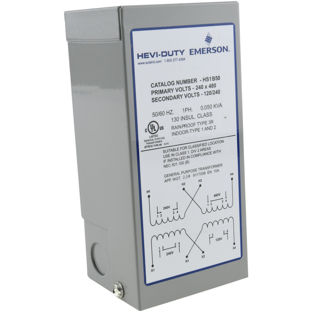 Sola/Hevi-Duty 1 Phase, 240-480 Volt Input, 120/240 Volt Output, 60 Hz, 0.05 kVA, General Purpose Transformer - HS1B50