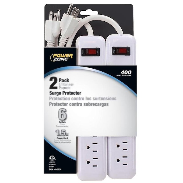 Powerzone Surge Protector, 125 V, 15 A, 6-Outlet, 400 Joules Energy, White - OR2013X2