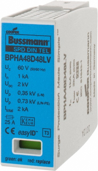 Cooper Bussmann 1 Pole, 1 Phase, 20 kA Nominal Current, 90mm Long x 18mm Wide x 65mm Deep, Thermoplastic Hardwired Surge Protector - BPM600UL