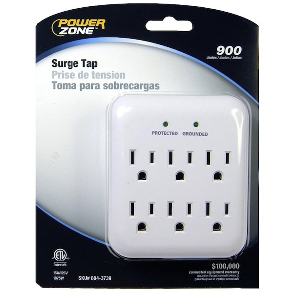 Powerzone Surge Protector Tap, 125 V, 15 A, 6-Outlet, 900 Joules Energy, White - OR802115