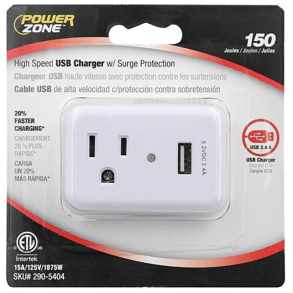 Powerzone Surge Protector Tap, 2-Pole, 125 V, 15 A, 1-Outlet, 150 Joules Energy - ORUSB241S