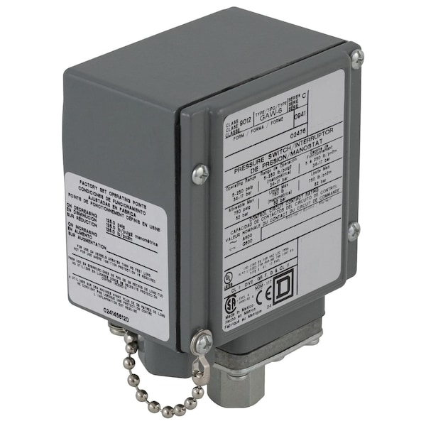 Interruptor de presión de sensores Telemecanique, (1) puerto, 1/4-18 pulgadas FNPT, DPDT, 1 a 40 psi, Acción estándar - 9012GAW22