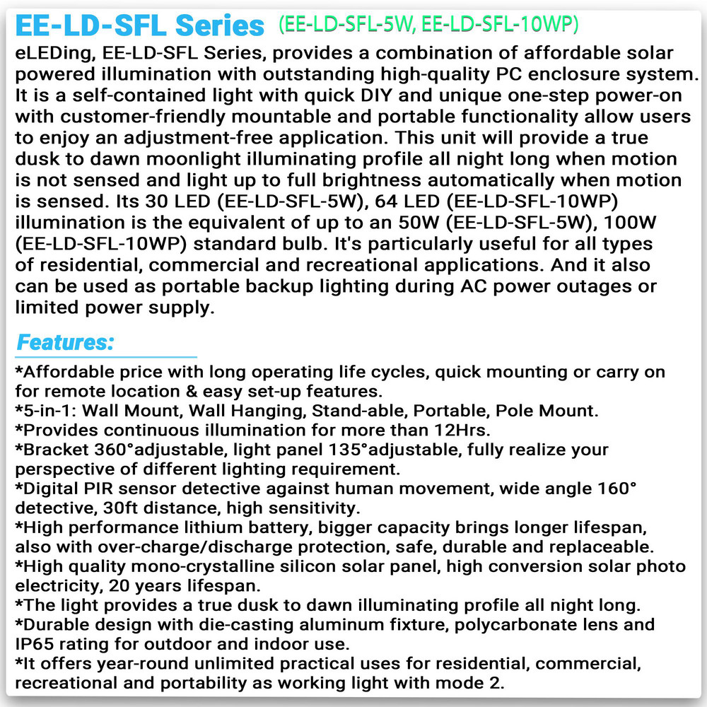 eLEDing Motion Sensing Light Fixtures: Detection Angle: 150; Number of Heads: 1; Detection Distance (Feet): 30 ft - EE-LD-SFL-5W