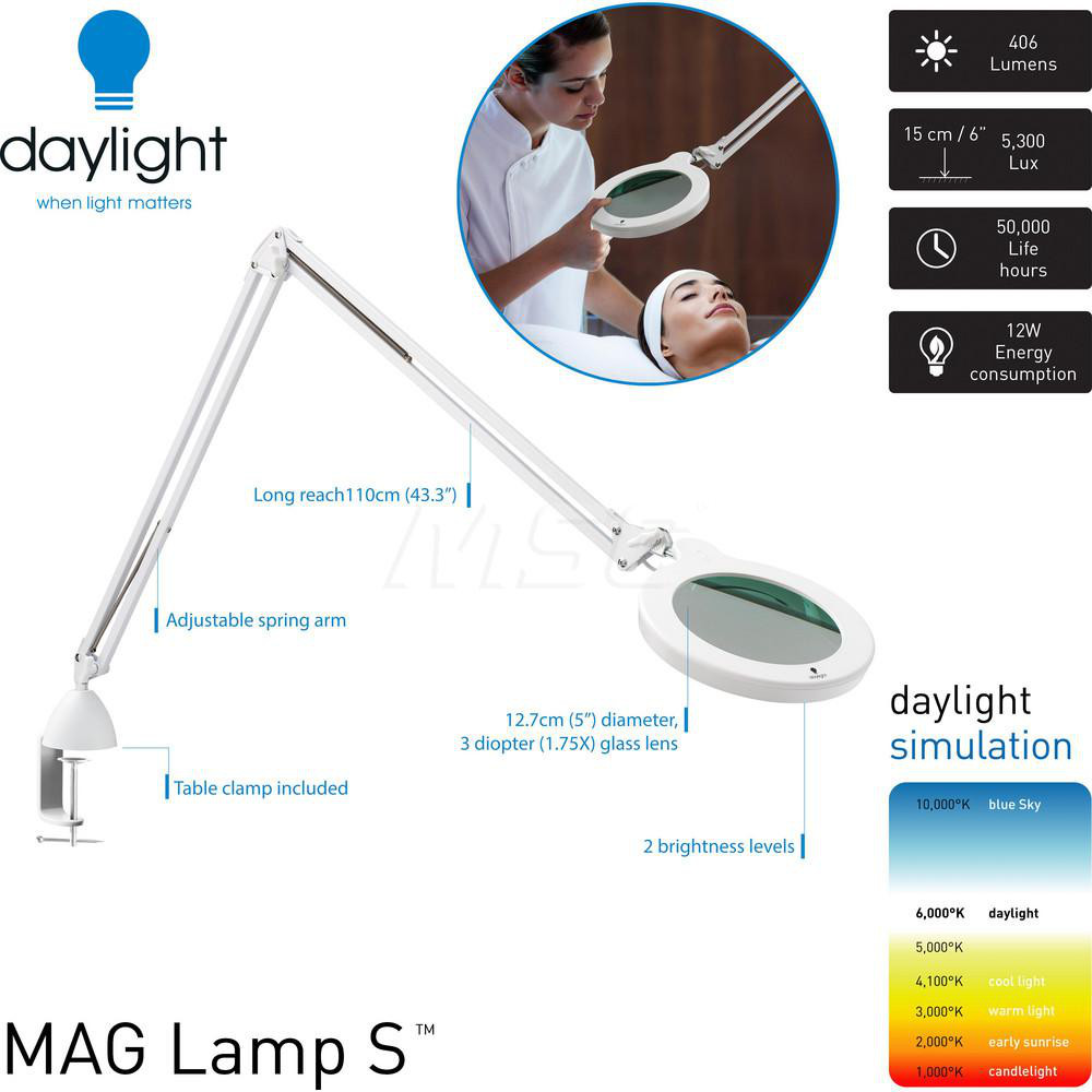 Daylight Task Light: LED, 43.307" Reach, Gooseneck Arm, Clamp Screw, White - UN1200