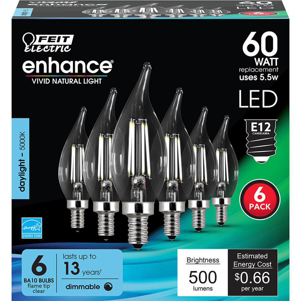Feit Electric LED Lamp: Office, Commercial, Residential & Decorative, BA10, Candelabra Screw Base - CFC60/950CA/FIL