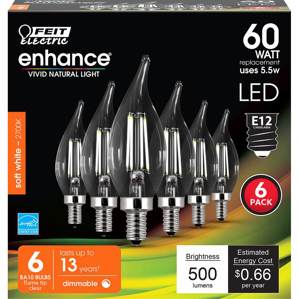 Feit Electric LED Lamp: Office, Commercial, Residential & Decorative, BA10, Candelabra Screw Base - CFC60/927CA/FIL