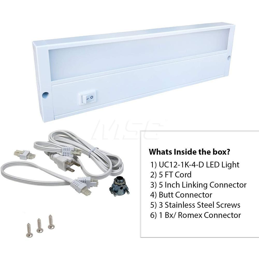 Radionic Hi-Tech Undercabinet Light Fixtures; Lamp Type: Integrated LED; LED; Number of Lamps: 1; Overall Length (Feet): 12.00; 12 in; Overall Width: 4; Lumens: 271; Wattage: 3.900; 3.9; Overall Height: 1.00; Voltage: 120 VAC; 120.00; Dimmable: No; Overall Width (Inch): 4; Overall Height (Decimal Inch): 1.00 - ES-CA01-WW