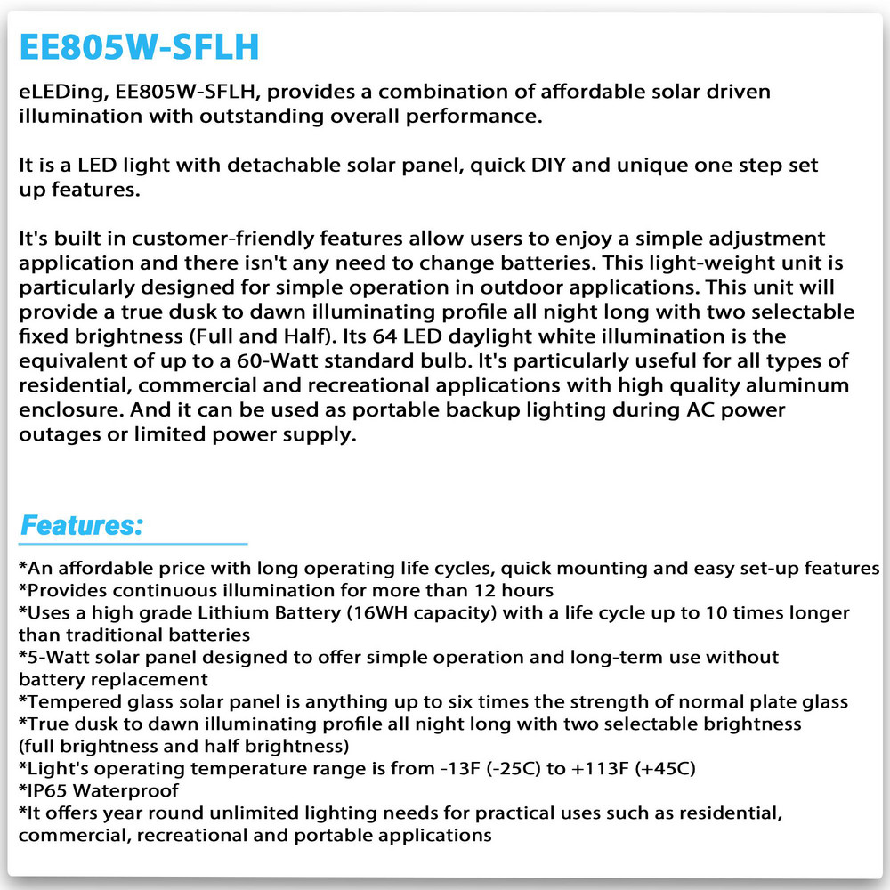 eLEDing Floodlight Fixtures: Mounting Type: Wall; Housing Color: Black; Lumens: 600; Housing Material: Aluminum; Lamp Type: Solar, LED - EE805W-SFLH
