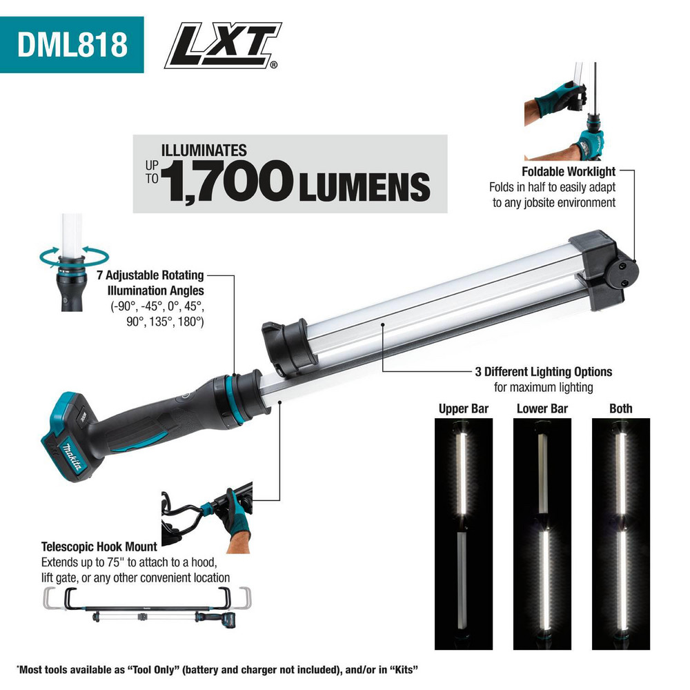 Makita Portable Work Lights: Portable Type: Horizontal Mount, Stand, Hook, Vertical Mount, Clamp Mount; Light Technology: LED; Lamp Type: LED - DML818
