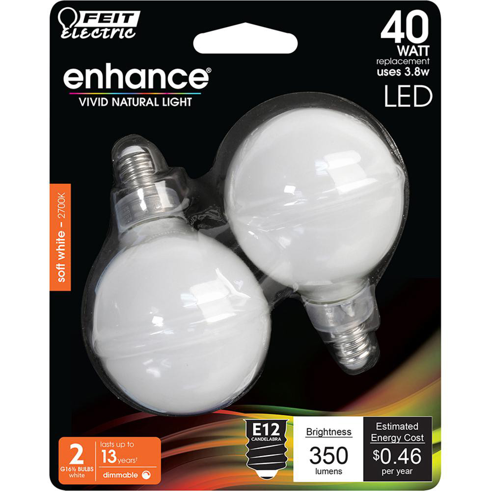 Feit Electric LED Lamp: Office, Commercial, Residential & Decorative, G16, Candelabra Screw Base - BPG1640W927CAFI