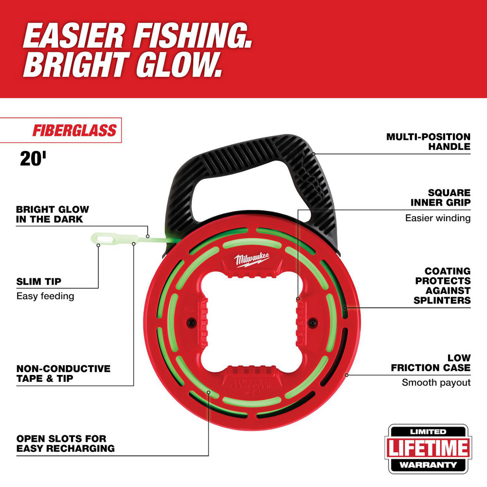 Milwaukee Tool Fish Tapes: Tape Type: Non-Conductive; Material: Fiberglass; Tape Width (Decimal Inch): 7 in; Winder Case: No - 48-22-4182