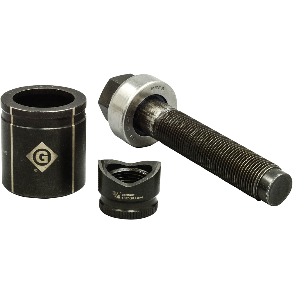 Greenlee Complete Punch Units; Punch Shape: Round; Punch Type: Knockout; Operating Method: Manual; Punch Hole Dia/Width: 3.5400 in; Punch Hole Dia (Decimal Inch): 3.5400; Punch Hole Width (Decimal Inch): 3.5400 in; Punch Material: Steel; Maximum Capacity Mild Steel (Gauge): 10; Includes: Punch - K3BB-3