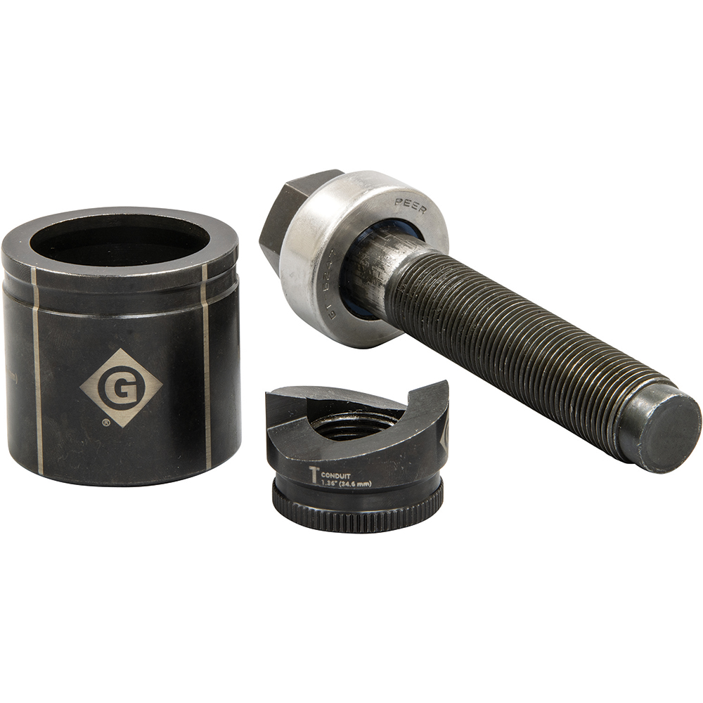 Greenlee Complete Punch Units; Punch Shape: Round; Punch Type: Knockout; Operating Method: Manual; Punch Hole Dia/Width: 1.3600 in; Punch Hole Dia (Decimal Inch): 1.3600; Punch Hole Width (Decimal Inch): 1.3600 in; Punch Material: Steel; Maximum Capacity Mild Steel (Gauge): 10; Includes: Punch - K2BB-1