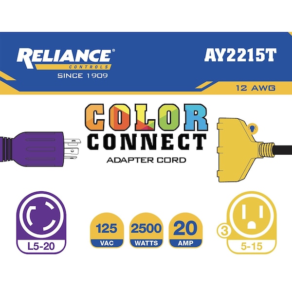 Reliance Controls SJTW Extension Cord Adapter, 12 AWG, 12/3, 12 in - AY2215T
