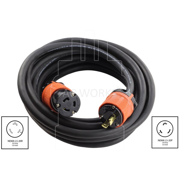 Ac Works SOOW; Cold Weather Extension Cord, 12 AWG, Indoor/Outdoor, 12/3, 1 Outlets, Black, Rubber, Nylon - L520PR-025