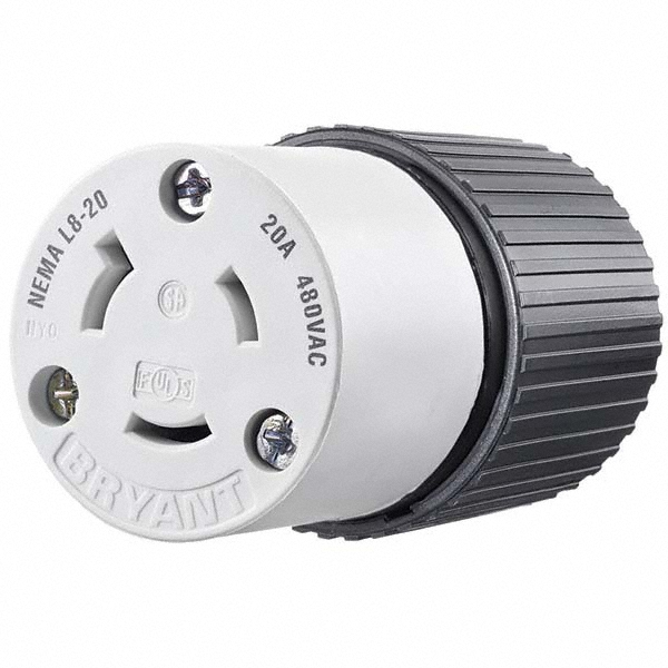 Bryant Electric Locking Inlet: Plug, Industrial, L19-30P, 277 & 480V, Black & White - 71930NP