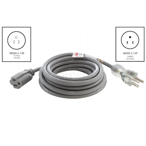 Ac Works SJTW Extension Cord, 16 AWG, Indoor, 16/3, 1 Outlets, 5-15R, Gray, PVC, 5-15P, 20 ft - MD13APR-240