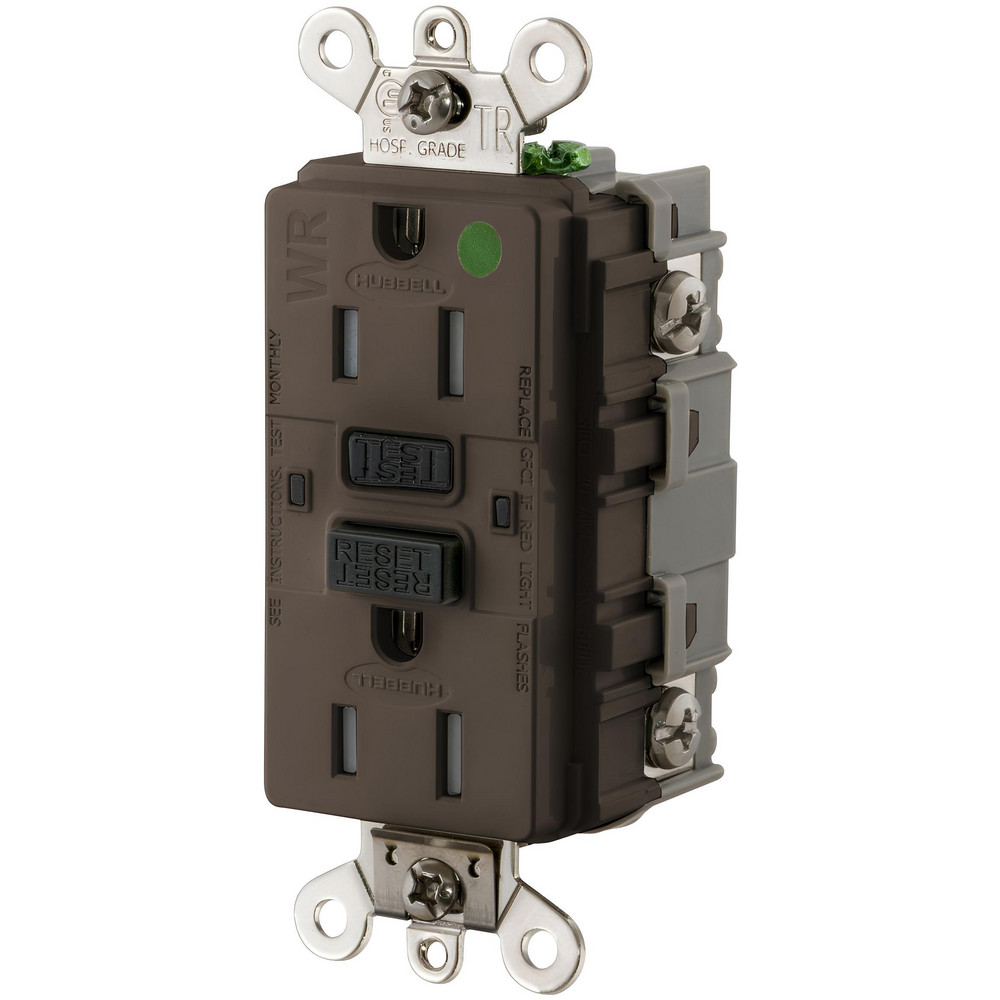 Hubbell Wiring Device-Kellems Straight Blade Receptacles: Receptacle Type: Duplex Receptacle; Grade: Hospital; Color: Brown; Grounding Style: Self-Grounding - GF8200SG