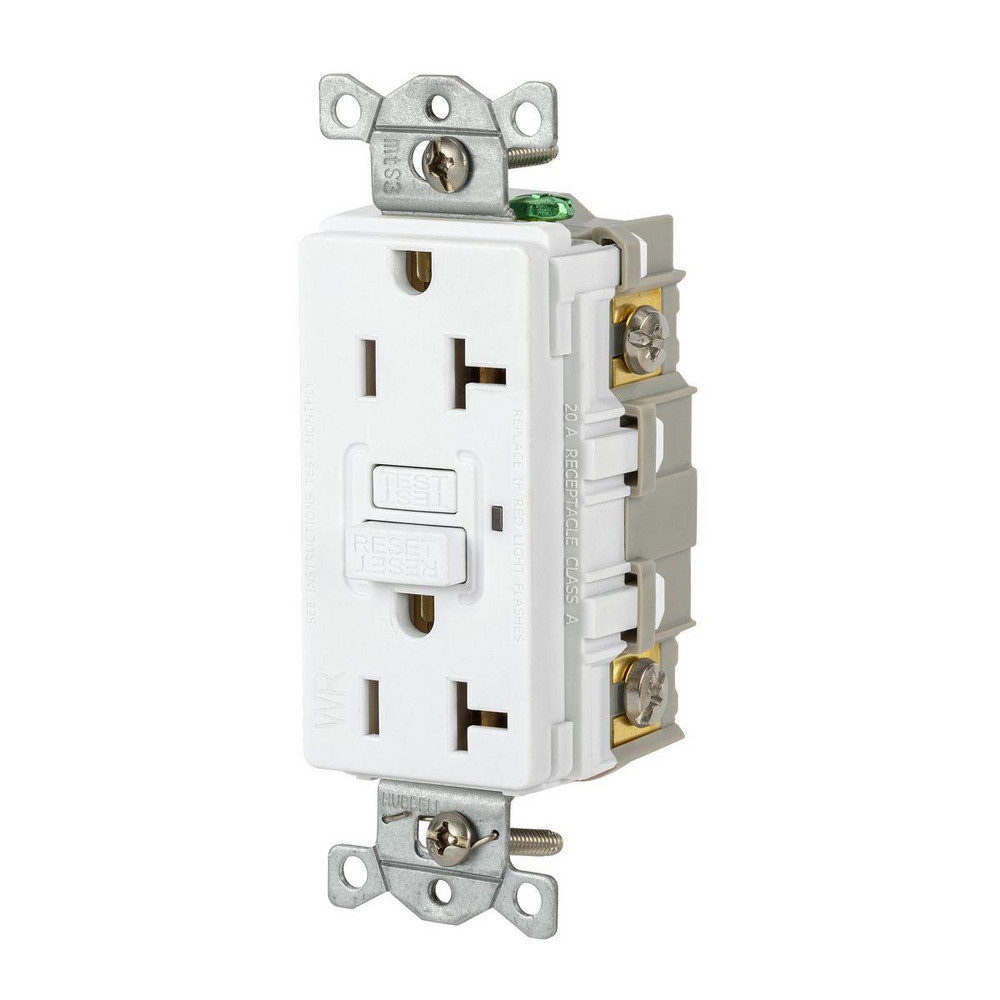 Hubbell Wiring Device-Kellems GFCI Receptacles: Receptacle Type: Duplex; Grade: Commercial; NEMA Configuration: 5-20R; Wire Connection Type: Screw Terminals; End Type: Socket - GFRWR20R