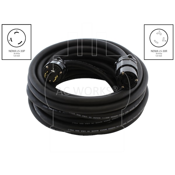 Ac Works SOOW; Cold Weather Extension Cord, 8 AWG, Indoor/Outdoor, 8/3, 1 Outlets, Black, Rubber, Nylon - SDL530PR-100