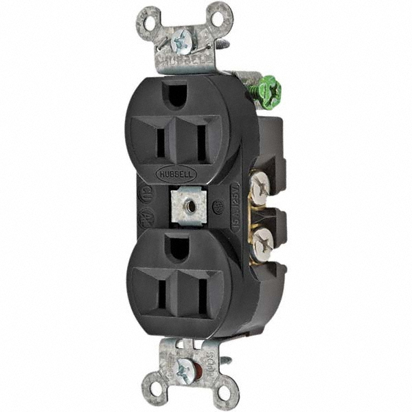Hubbell Wiring Device-Kellems Straight Blade Duplex Receptacle: NEMA 5-15R, 15 Amps, Self-Grounding - 5262BLK