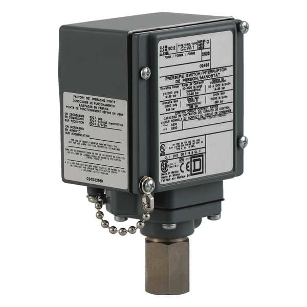 Interruptor de presión Telemecanique Sensors, (1) Puerto, 1/4-18 en FNPT, SPDT, 20 a 1000 psi, Acción Estándar - 9012GCW1