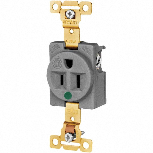 Bryant Electric Straight Blade Single Receptacle: NEMA 5-15R, 15 Amps, Grounded - 8210GRY