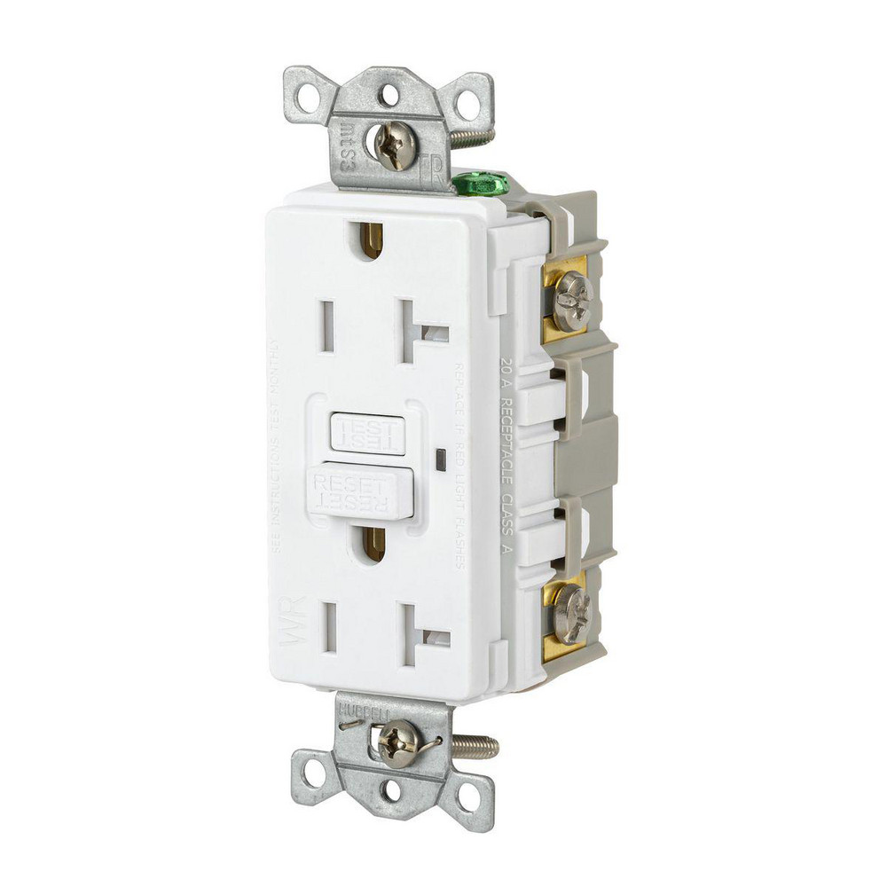 Hubbell Wiring Device-Kellems GFCI Receptacles: Receptacle Type: Duplex; Grade: Commercial; NEMA Configuration: 5-20R; Wire Connection Type: Screw Terminals; End Type: Socket - GFRTW20R