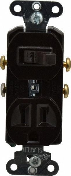 Hubbell Wiring Device-Kellems Combination Wall Switch & Receptacles; Combination Switch/Receptacle Type: Combination Outlet & Switch; Number of Outlets: 1; Number of Switches: 1; Number of Lights: 0; NEMA Configuration: 5-15R; Grounding Style: Self-Grounding; Amperage: 15 A; Voltage: 120 V ac; Grade: Residential - RC108