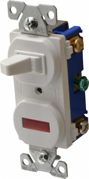 Hubbell Wiring Device-Kellems Combination Wall Switch & Receptacles; Combination Switch/Receptacle Type: Combination Outlet & Switch; Number of Outlets: 1; Number of Switches: 1; Number of Lights: 0; NEMA Configuration: 5-15R; Grounding Style: Self-Grounding; Amperage: 15 A; Voltage: 120 V ac; Grade: Residential - RC108