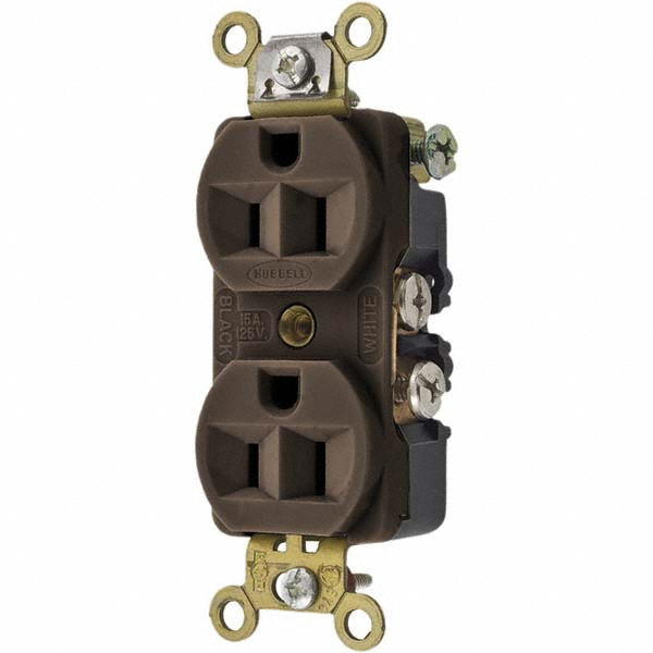 Hubbell Wiring Device-Kellems Straight Blade Duplex Receptacle: NEMA 5-15R, 15 Amps, Self-Grounding - HBL5242