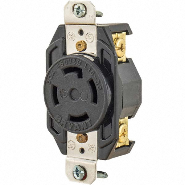 Bryant Electric Twist Lock Receptacles; Receptacle/Part Type: Receptacle; Gender: Female; NEMA Configuration: L17-30R; Flange Style: Flanged; Amperage: 30 A; Number Of Poles: 3; Number Of Wires: 4; Maximum Cord Dia: 29.20 mm; Resistance Features: Impact-Resistant; Number of Poles: 3 - 71730ER