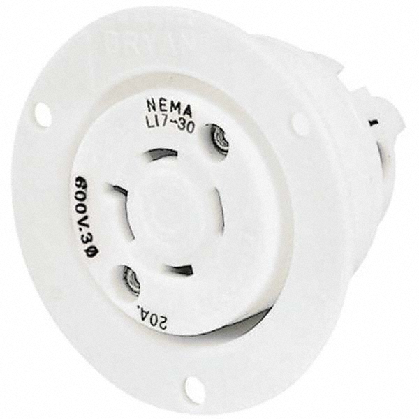 Bryant Electric Twist Lock Receptacles; Receptacle/Part Type: Receptacle; Gender: Female; NEMA Configuration: L17-30R; Flange Style: Flanged; Amperage: 30 A; Number Of Poles: 3; Number Of Wires: 4; Maximum Cord Dia: 29.20 mm; Resistance Features: Impact-Resistant; Number of Poles: 3 - 71730ER