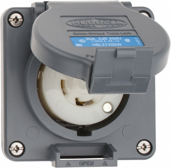 Bryant Electric Twist Lock Receptacles; Receptacle/Part Type: Receptacle; Gender: Female; NEMA Configuration: L14-30R; Flange Style: Flanged; Amperage: 30 A; Number Of Poles: 3; Number Of Wires: 4; Maximum Cord Dia: 29.20 mm; Resistance Features: Impact-Resistant; Number of Poles: 3 - 71430ER