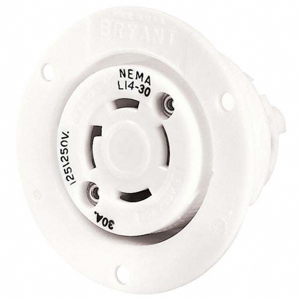 Bryant Electric Twist Lock Receptacles; Receptacle/Part Type: Receptacle; Gender: Female; NEMA Configuration: L14-30R; Flange Style: Flanged; Amperage: 30 A; Number Of Poles: 3; Number Of Wires: 4; Maximum Cord Dia: 29.20 mm; Resistance Features: Impact-Resistant; Number of Poles: 3 - 71430ER