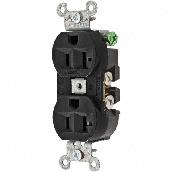 Hubbell Wiring Device-Kellems Straight Blade Duplex Receptacle: NEMA 5-20R, 20 Amps, Self-Grounding - 5362BLK