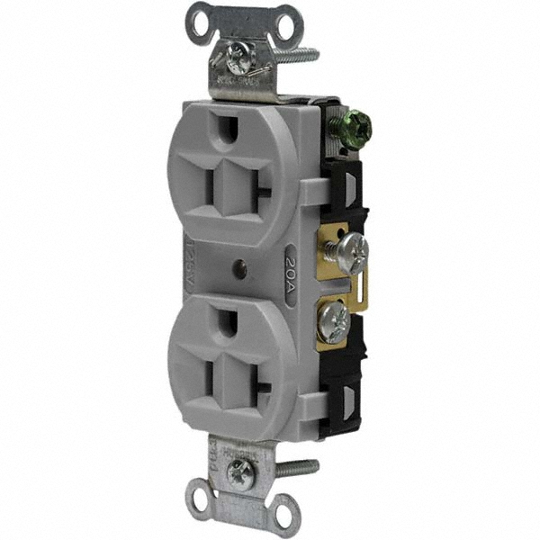 Hubbell Wiring Device-Kellems Straight Blade Duplex Receptacle: NEMA 5-20R, 20 Amps, Self-Grounding - CRF20GRY