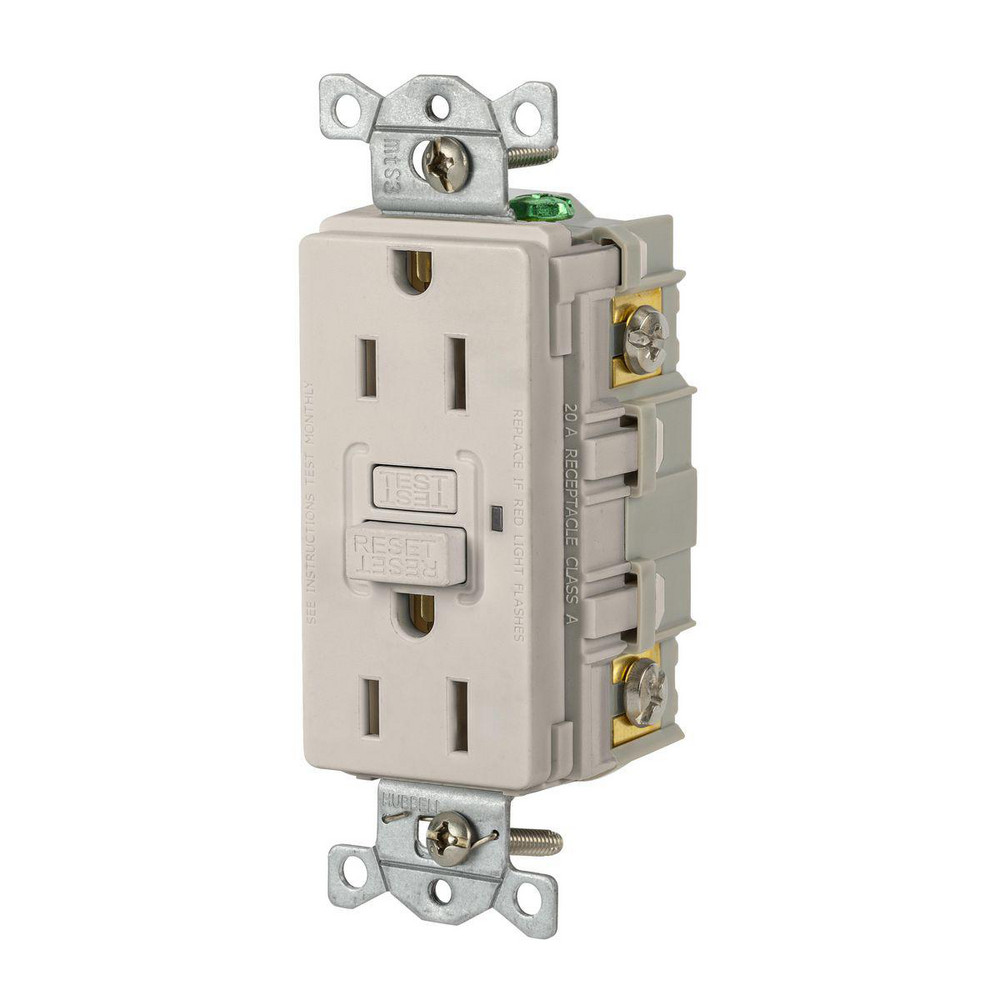 Hubbell Wiring Device-Kellems GFCI Receptacles: Receptacle Type: Duplex; Grade: Commercial; NEMA Configuration: 5-15R; Wire Connection Type: Screw Terminals; End Type: Socket - GFRTW15R