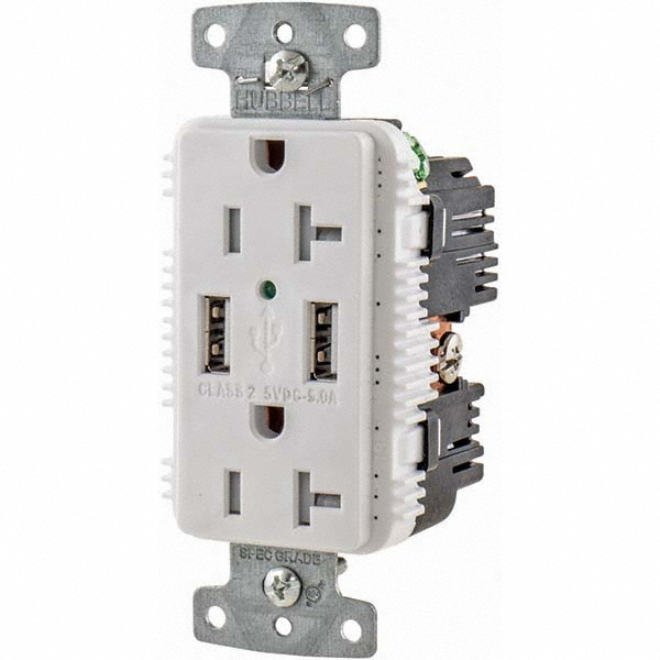 Hubbell Wiring Device-Kellems USB Receptacles: Usb Connection Style: Standard; Number of USB Ports: 2; Number Of Usb Ports: 2; Number Of Receptacles: 2; Charging Power: 1.5 A - USB8300ACPDLA