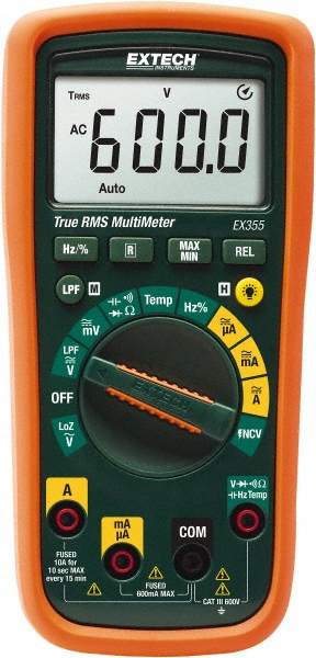 Extech CAT III, Digital & True RMS Multimeter: 600 VAC/VDC - EX355