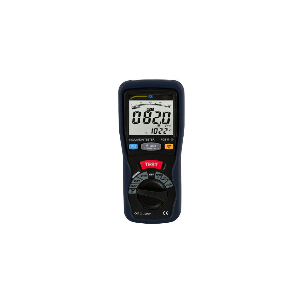 PCE Instruments Electrical Insulation Resistance Testers & Megohmmeters; Display Type: Digital LCD; Power Supply: Battery Operated Megohmmeters; Resistance Capacity (Megohm): 4000; Maximum Test Voltage: 1000 V; Amperage: 200.0000; Overall Length: 7.90; Overall Height: 3.6 in; Overall Width: 2 - PCE-IT100